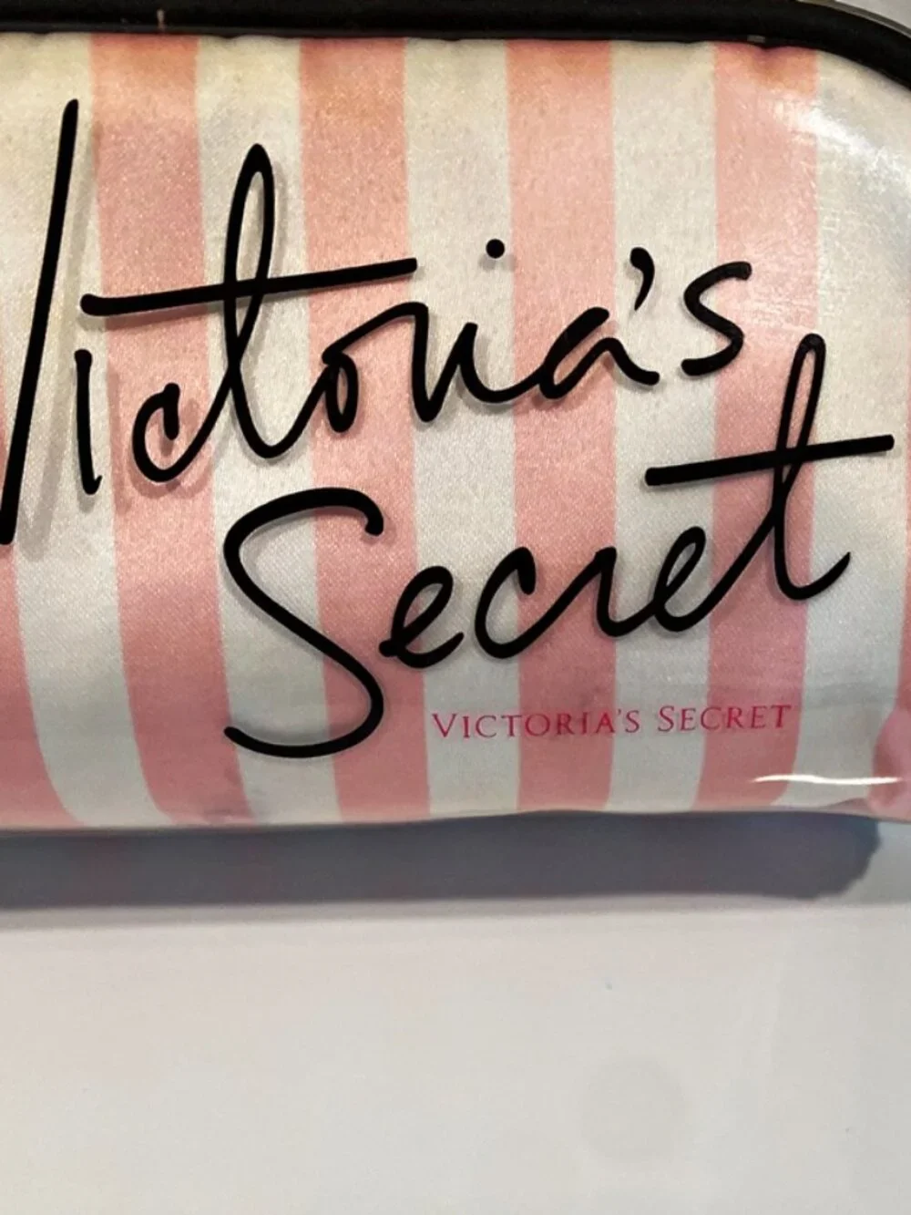 Victoria's Secret Cosmetic Bag Pink Stripe Black Trim Zip Top Lined Makeup Case